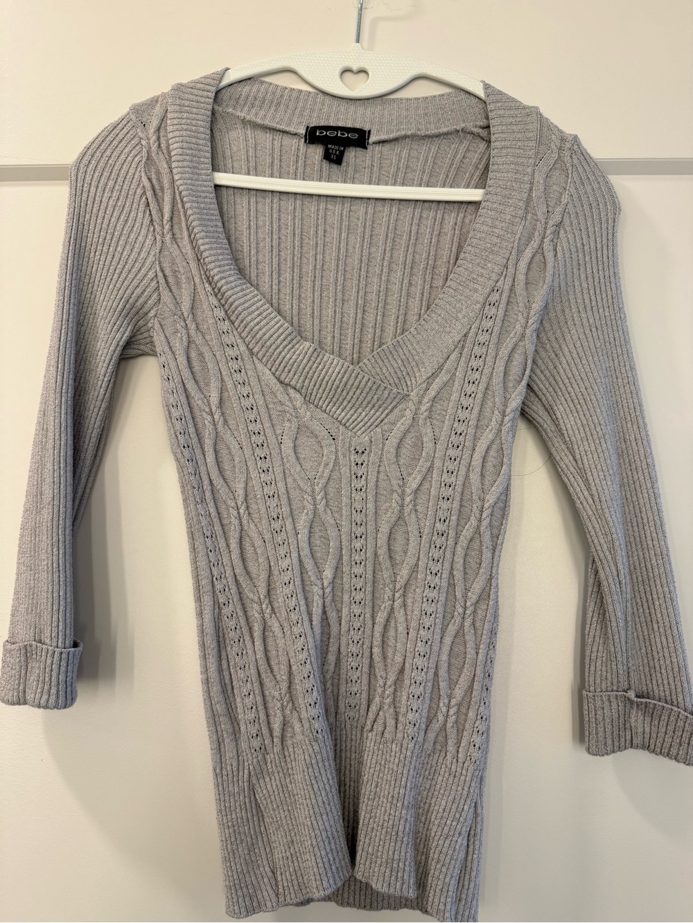 bebe Light Gray Cable V-Neck Sweater